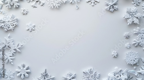 Snowy blue snowflakes border with central blank space, seasonal graphic.