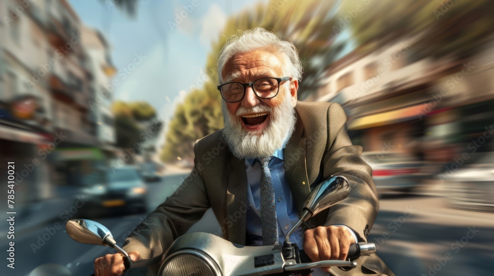Bearded senior riding a scooter, suitable for lifestyle, freedom, and retirement activity concepts.