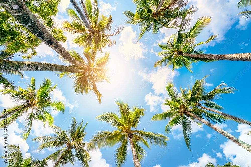 Looking up at a cluster of palms, ideal for content on travel destinations or tropical environment. Looking up at a cluster of palms, ideal for content on travel destinations or tropical environment.