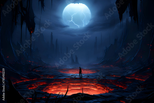 Fantasy scene with a man standing in the middle of a dark cave photo