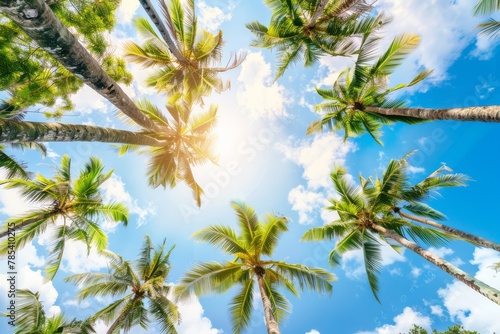 Looking up at a cluster of palms, ideal for content on travel destinations or tropical environment.