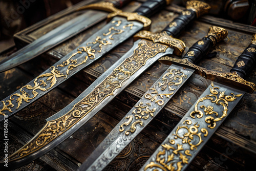 Medieval Weapons.  Generated Image.  A digital rendering of medieval weapons with metal filigree decoration.
