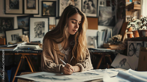Millennial girl draws fabulous images on paper 