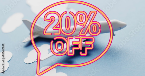 Image of 20 percent off text over plane model with clouds on blue background