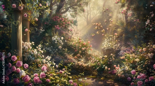 Sunlit roses in bloom, ideal for nature and romantic themes. © mashimara