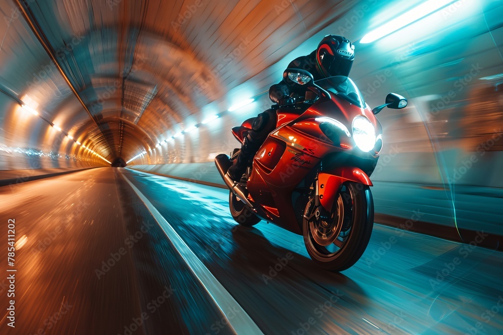 Motorcycle Speeding Through Tunnel with Rear Curtain Sync, Capturing Dynamic Motion Effect in Editorial Photography.