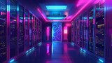 futuristic server room with colorful lights on racks of network equipment technology concept illustration