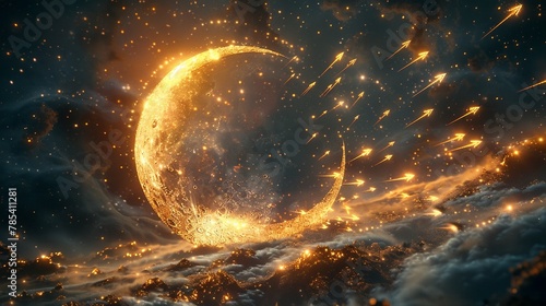 Imaginative scene of a mystical moon made of gold, with stock arrows shooting upwards, symbolizing market peaks