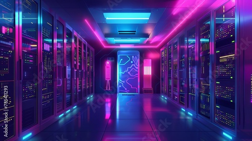 futuristic server room with colorful lights on racks of network equipment technology concept illustration