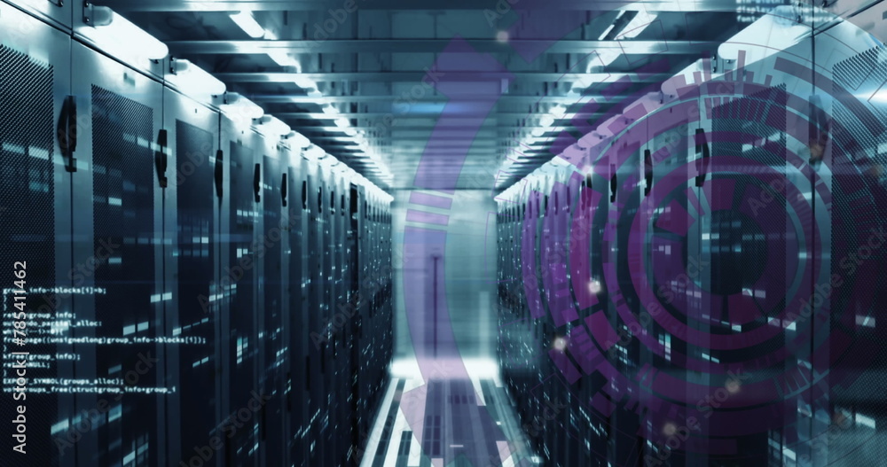 Image of loading circles and computer language over server room Image of loading circles and computer language over server room