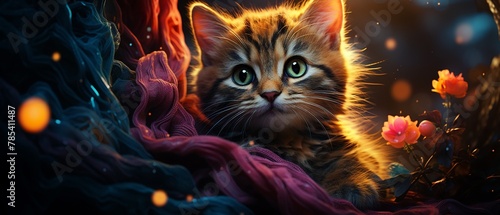 A bioluminescent kitten with a glowing wool scarf navigating the depths of a neoninfused jungle Color Grading Complementary Color