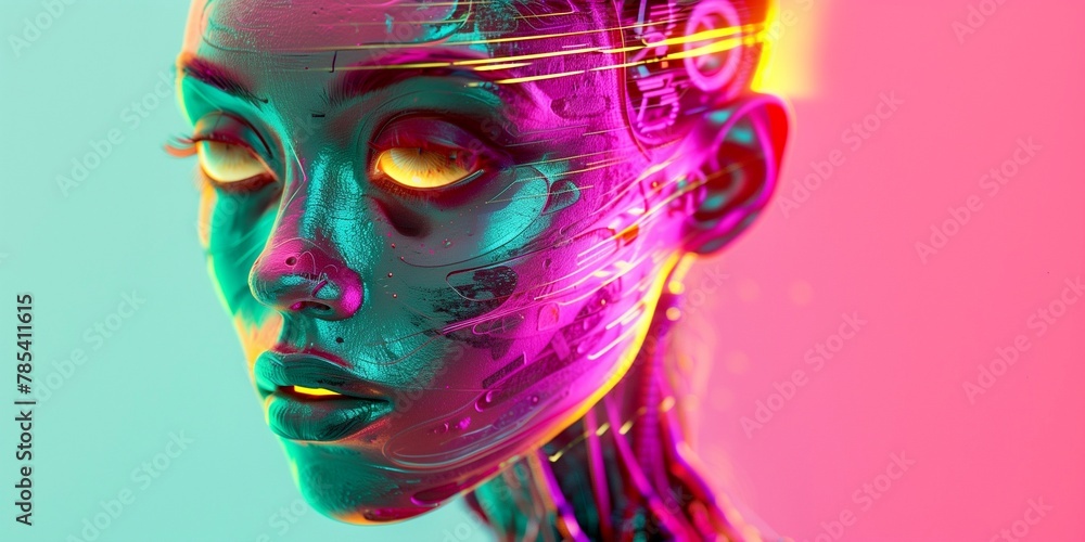 Dynamic science technology of AI android robot woman virtual vibrant lights colorful on futuristic background 