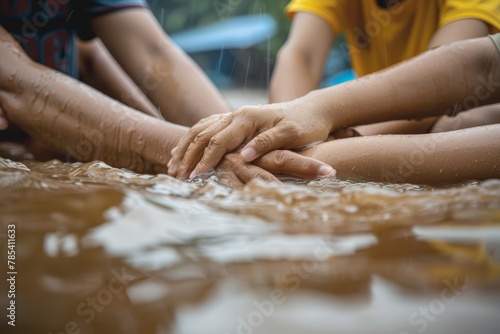 People Holding Hands in Human Chain for Floodwater Rescue Operation, Demonstrating Unity and Support During Natural Disaster Crisis.