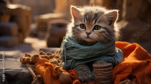 A kitten archaeologist with an ancient artifactinspired wool scarf uncovering secrets of a lost civilization photo