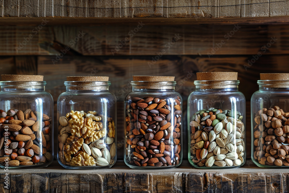 Veganism, Nuts, wooden shelf Veganism, Nuts, wooden shelf