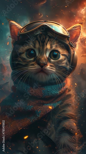 A kitten pilot with an aviator cap and a navigational wool scarf charting new routes through nebula clouds Color Grading Teal and Orange