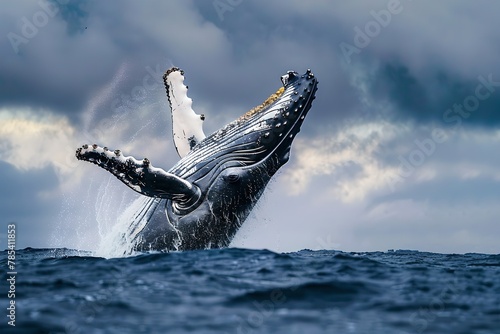 Majestic humpback whale breaching in stormy seas. Nature's splendor captured. Wildlife photography inspiration. Generative AI