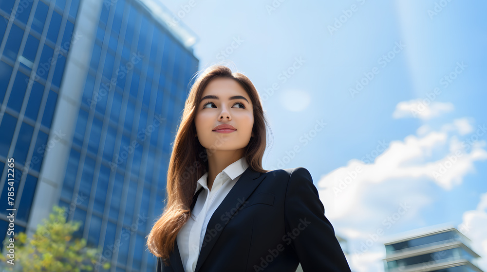 business woman leader entrepreneur, professional manager standing on the street in big city on sky background. business woman leader entrepreneur, professional manager standing on the street in big city on sky background.