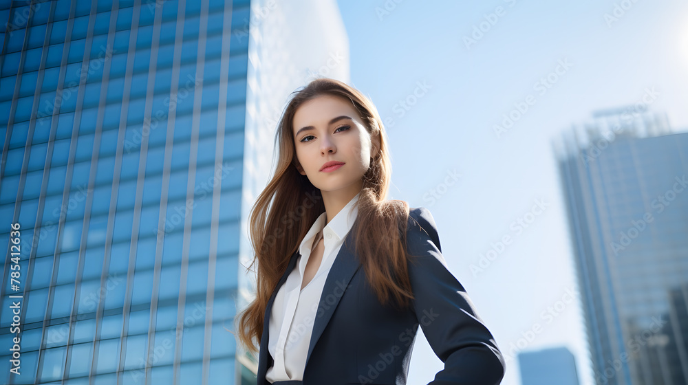 business woman leader entrepreneur, professional manager standing on the street in big city on sky background. business woman leader entrepreneur, professional manager standing on the street in big city on sky background.