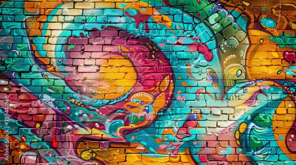 Obraz premium graffiticovered brick wall with vibrant psychedelic colors and intricate designs abstract photograph
