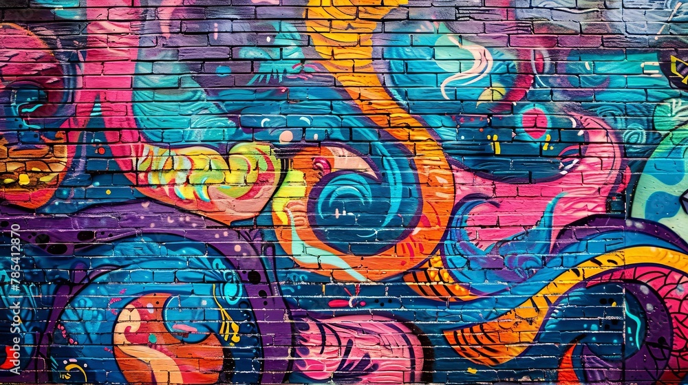 graffiticovered brick wall with vibrant psychedelic colors and intricate designs abstract photograph