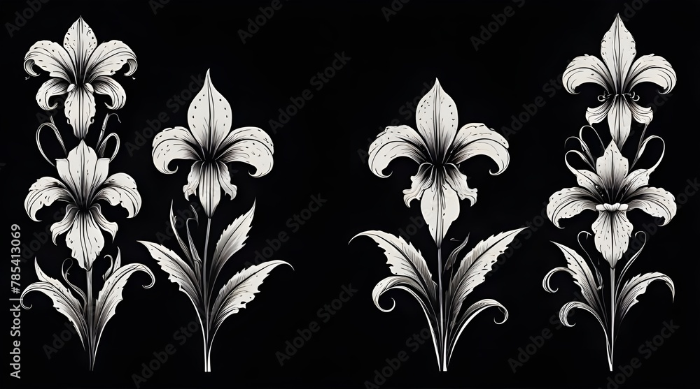 Fleur De Lis Set of black silhouettes of lily Flowers .Generative AI - obrazy, fototapety, plakaty 