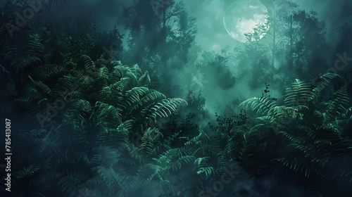 green ferns in a mystical enchanted forest on a midsummer night digital painting