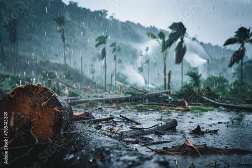 Chaotic Scene of Typhoon Aftermath in Forest with Fallen Trees, Scattered Debris, and Pouring Rain - Illustrating Destruction and Chaos. photo