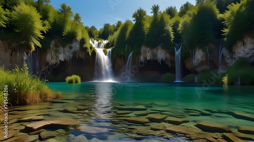 Exotic waterfall and lake landscape of Plitvice Lakes .Generative AI