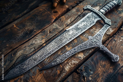 Medieval Weapons.  Generated Image.  A digital rendering of medieval weapons with metal filigree decoration.