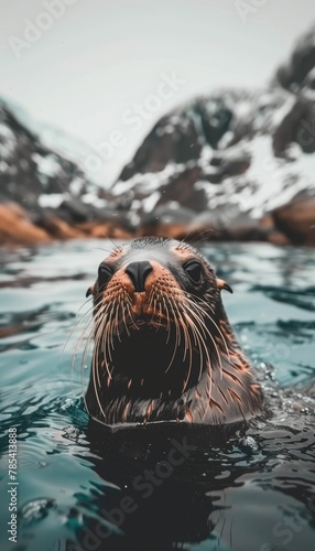 Antarctic seal gracefully swimming in icy waters, while a sea lion relaxes on the frozen ice