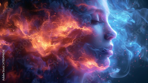 A womans face engulfed in smoke and fire creates an electrifying atmosphere