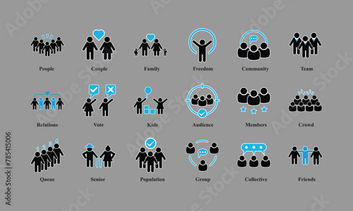 Simple blue & black icons representing various social concepts.