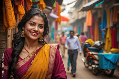 Strahlende junge Frau in purpurfarbenem Sari und gelbem Dupatta genießt das bunte Treiben auf einem indischen Markt