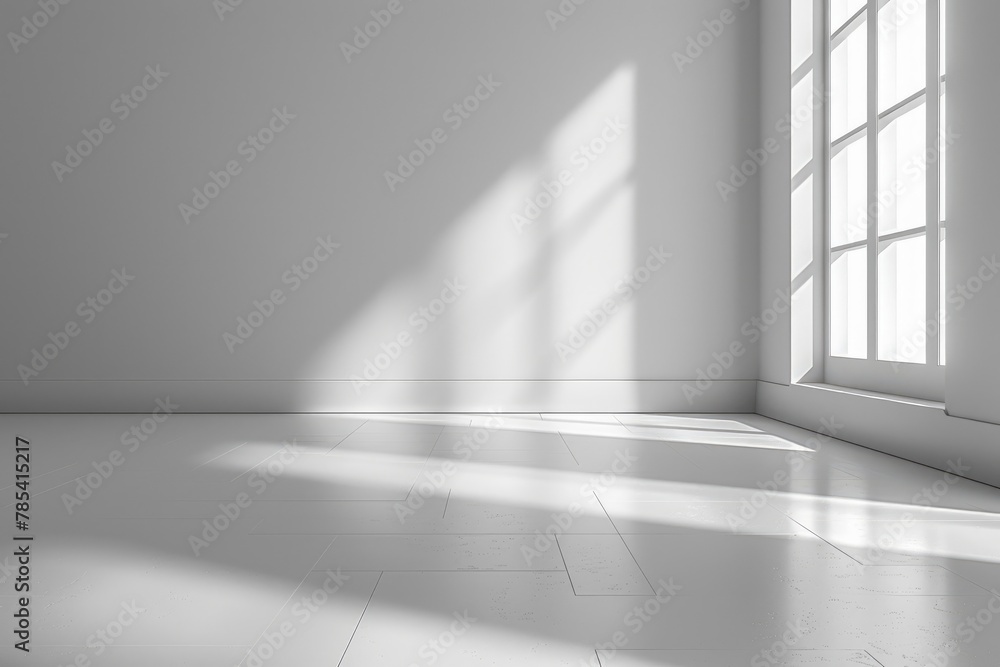 An empty room with bare walls and sunlights through the window with empty space An empty room with bare walls and sunlights through the window with empty space
