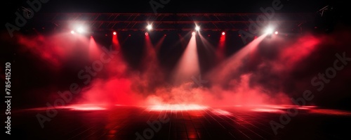 Red stage background, red spotlight light effects, dark atmosphere, smoke and mist, simple stage background, stage lighting, spotlights