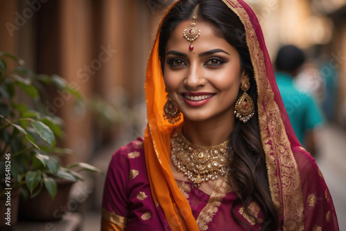 Strahlende indische Frau in traditionellem Sari und prachtvollem Schmuck lächelt glücklich auf einer belebten Straße photo