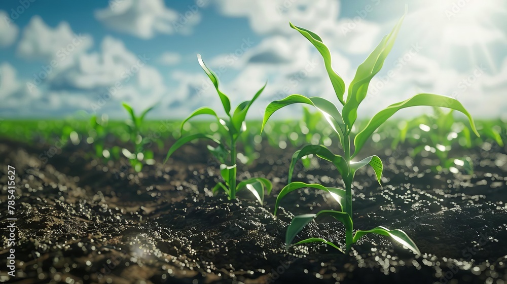 lush green cornfield symbolizing earth day young plant sprouting from the ground environmental conservation concept 3d illustration lush green cornfield symbolizing earth day young plant sprouting from the ground environmental conservation concept 3d illustration