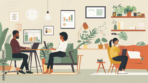 Flat vector of diverse business people working remotely from home office, using web dashboard on computer monitors with internet network technology