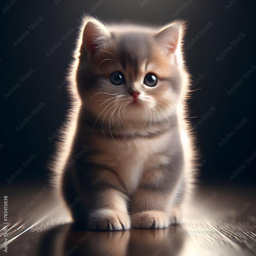 Fototapeta premium Cute kitty sitting on the floor, isolated on a dark background, volumetric lighting, Cat Sitting