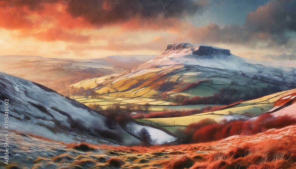 Peak District National Park in winter in the morning light with reddish colors. Wide-angle shot. Photorealistic