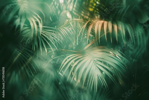 Dreamy Composition of Tropical Leaves in Subtle Motion, Evoking a Lo-Fi Aesthetic with Muted Surrealism and Jungle Punk Vibes. photo