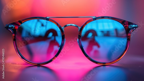 Stylish Eyewear Photography. Vibrant Tortoiseshell Sunglasses with Reflective Blue Lenses on a Pink Surface. © PELK