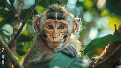 Funny cute little macaque sits on a tree. Portrait of a monkey in the jungle. Wild habitat. A primate in the jungle climbs trees. Green forest background. Tropical fauna Nice animal. Monkeypox concept