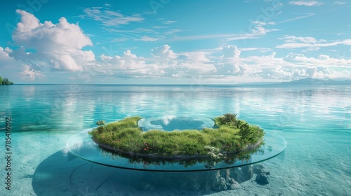 A small island with a green plant on it is floating in the ocean