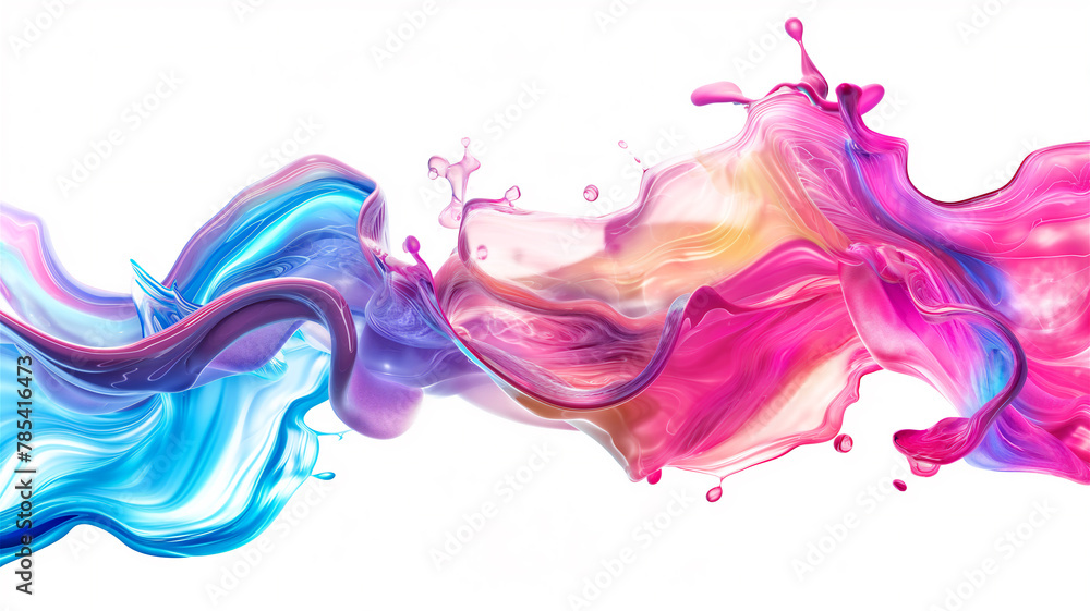 Blue, pink and orange liquid splash wave with fluid droplets isolated on a white background