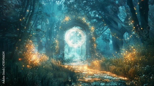 magical portal in a enchanted forest with glowing symbols and mysterious light fantasy digital painting
