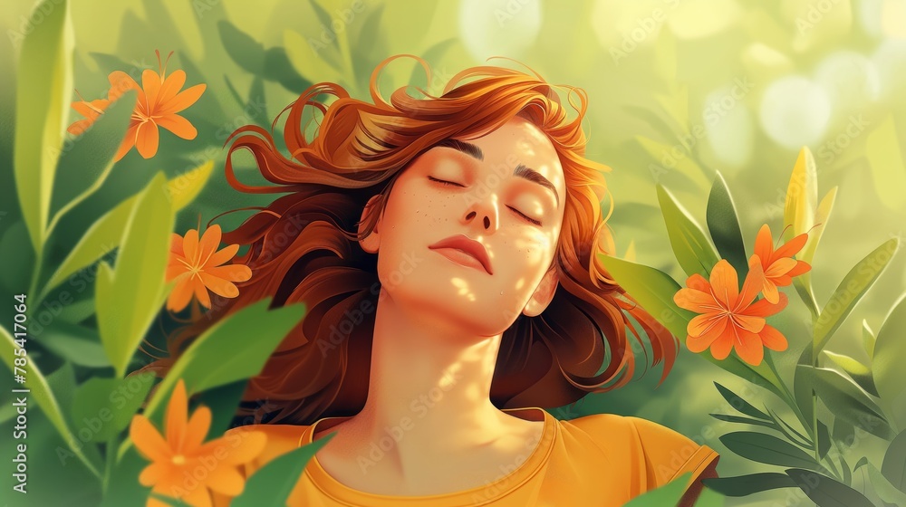 Beautiful girl among leaves and flowers, creative illustration