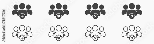 Group of people with add delete heart and question mark, team user icon. three-person symbol, group, Friends, people, users icon