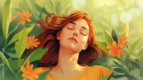 Beautiful girl among leaves and flowers, creative illustration